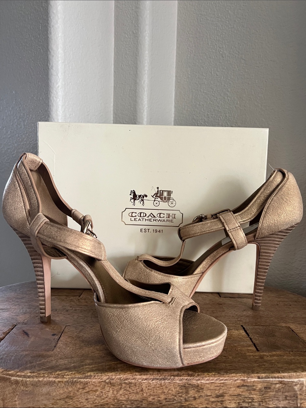 Coach Avery Sparkle Bronze Metallic Platform High Heel Sandals